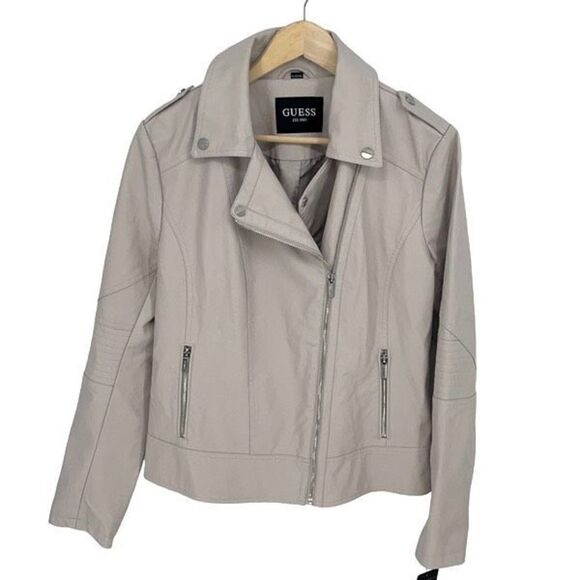 Guess Womens Asymmetric Full Zip Faux Leather Moto Jacket Stone Gray Size XL NWT